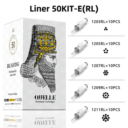 QUELLE 50Pcs Mixed Tattoo Cartridges RL/RS/RM 0.30/0.35mm Disposable Safety Needles Syringes With Membrane Make For Machine
