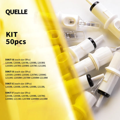 QUELLE 50Pcs Mixed Tattoo Cartridges RL/RS/RM 0.30/0.35mm Disposable Safety Needles Syringes With Membrane Make For Machine