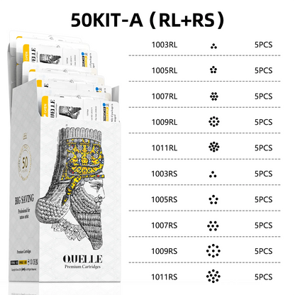 QUELLE 50Pcs Mixed Tattoo Cartridges RL/RS/RM 0.30/0.35mm Disposable Safety Needles Syringes With Membrane Make For Machine