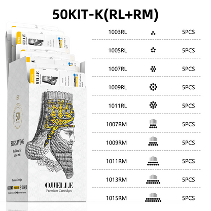 QUELLE 50Pcs Mixed Tattoo Cartridges RL/RS/RM 0.30/0.35mm Disposable Safety Needles Syringes With Membrane Make For Machine
