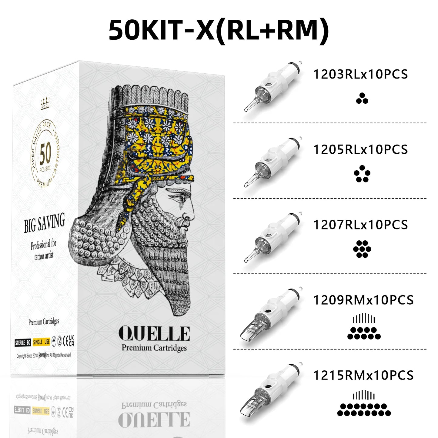 QUELLE 50Pcs Mixed Tattoo Cartridges RL/RS/RM 0.30/0.35mm Disposable Safety Needles Syringes With Membrane Make For Machine