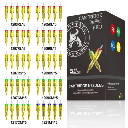 Cartouches d'Aiguilles Tatouage Troytatu PRO 50 Pièces – 316 Inox, Stérilisées EO Gas, 4 Types RL/RS/RM/M1
